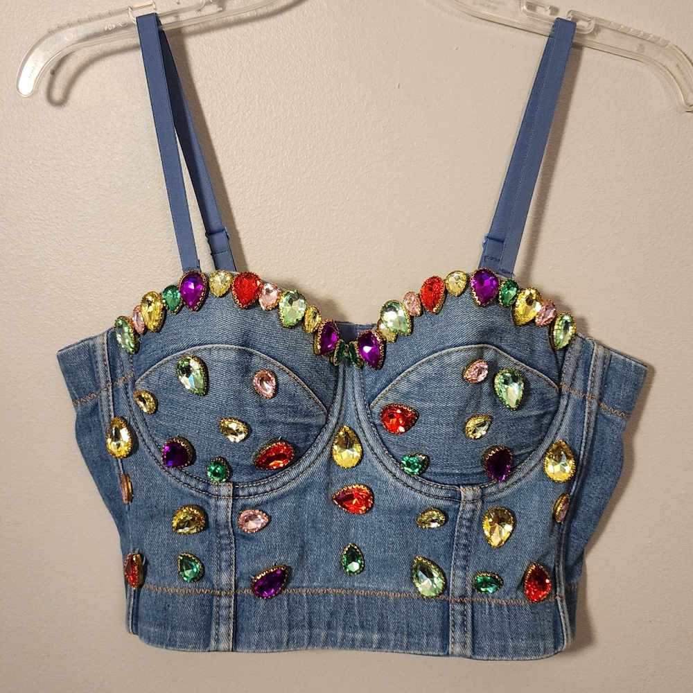 Sang Bejeweled Denim Bustier Corset Crop Top Size Medium M